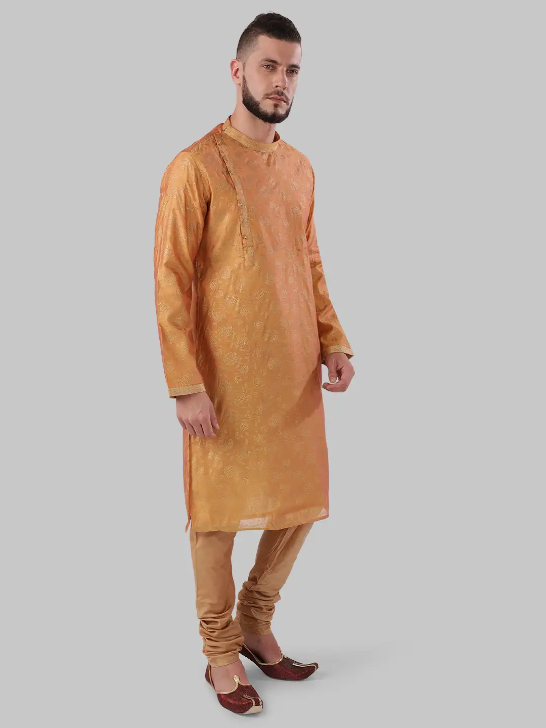Men Orange Polyester Blend Kurta - Image 2