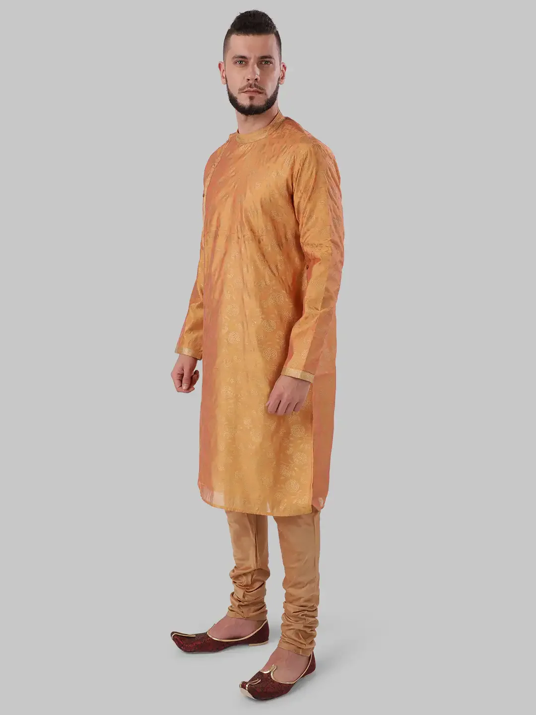Men Orange Polyester Blend Kurta - Image 3