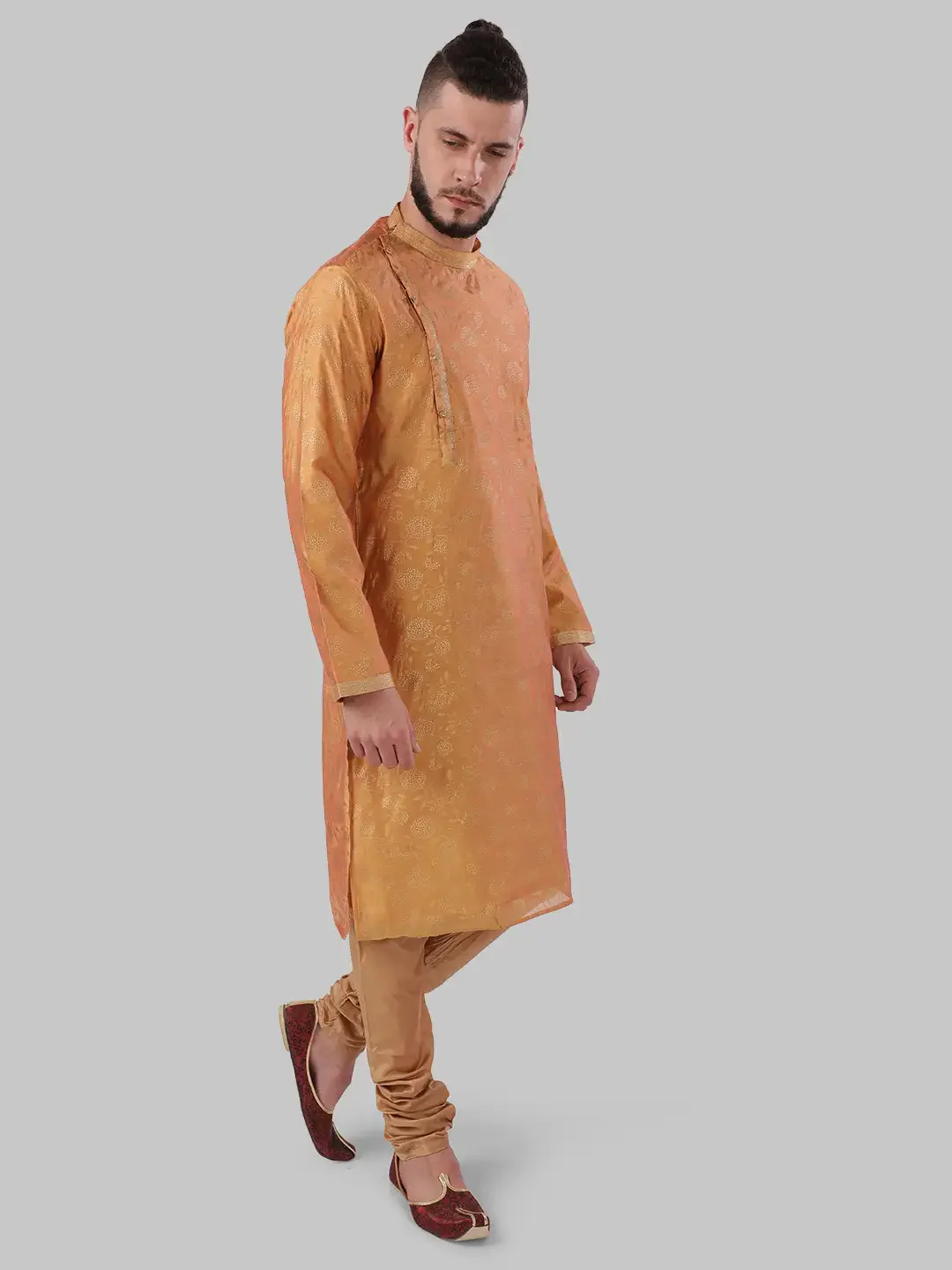 Men Orange Polyester Blend Kurta - Image 5