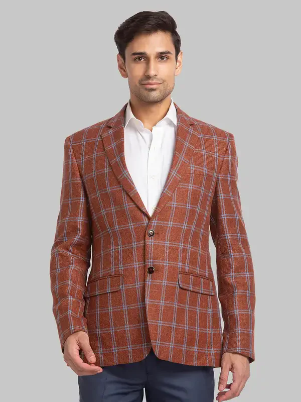 Men Orange Regular Fit Checks Polyester Blend Jackets