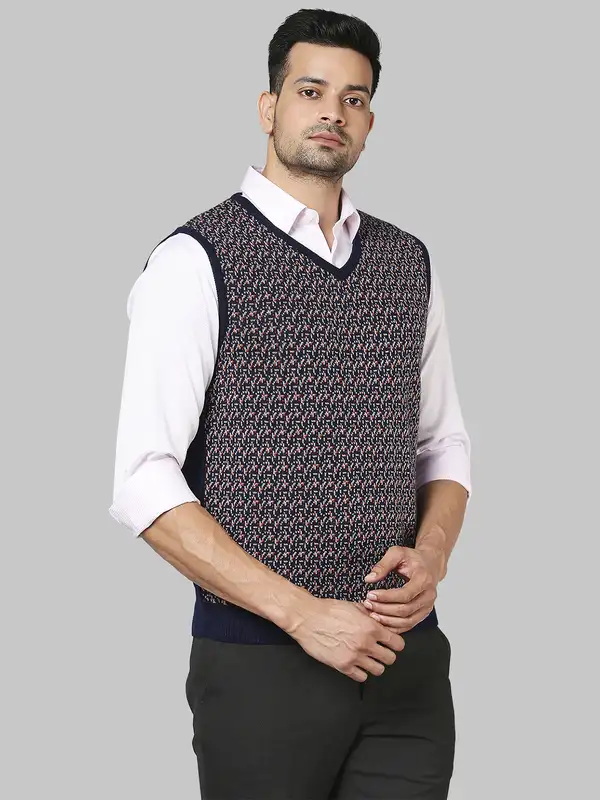 Men Orange Regular Fit Jacquard Acrylic Sleeveless V Neck Collar Sweaters - Image 2
