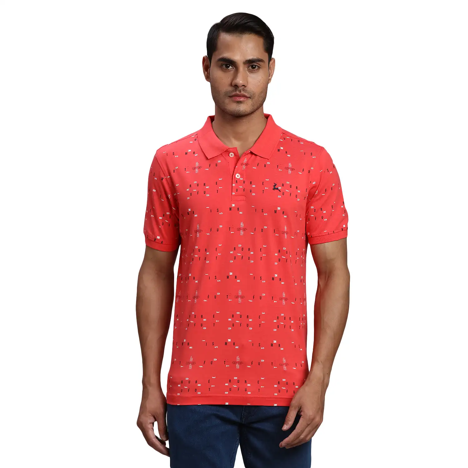 Men Orange Regular Fit Print Cotton Round Neck Collar Polo T-Shirt