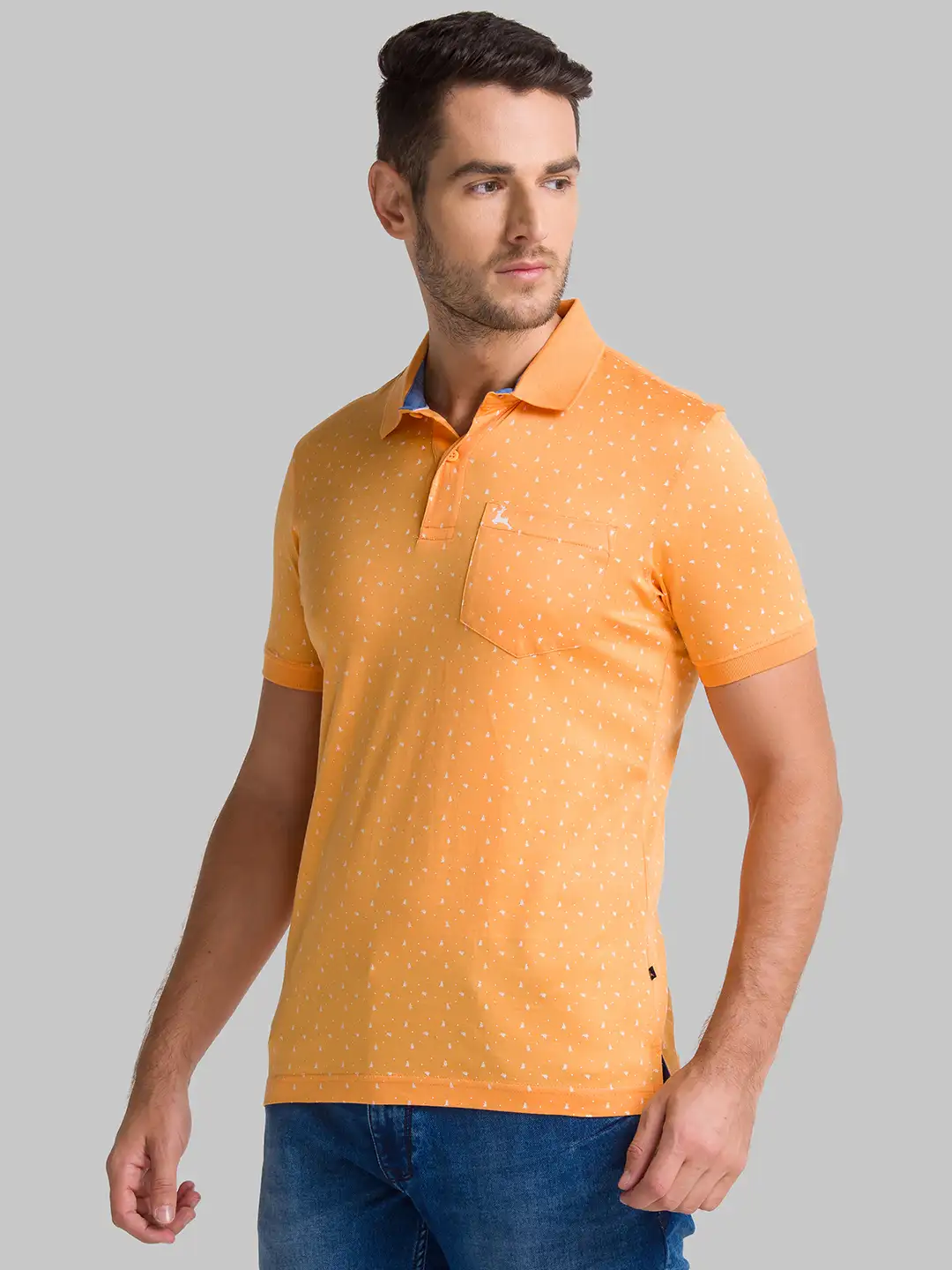 Men Orange Regular Fit Print Cotton Round Neck Collar Polo T-Shirt - Image 3