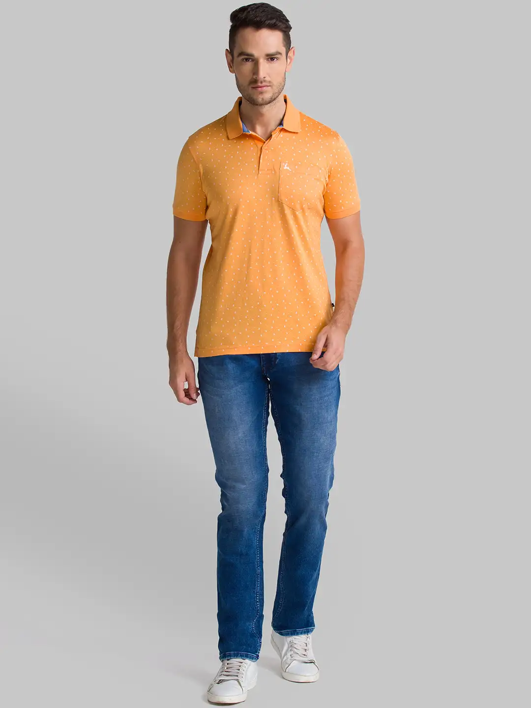Men Orange Regular Fit Print Cotton Round Neck Collar Polo T-Shirt - Image 5