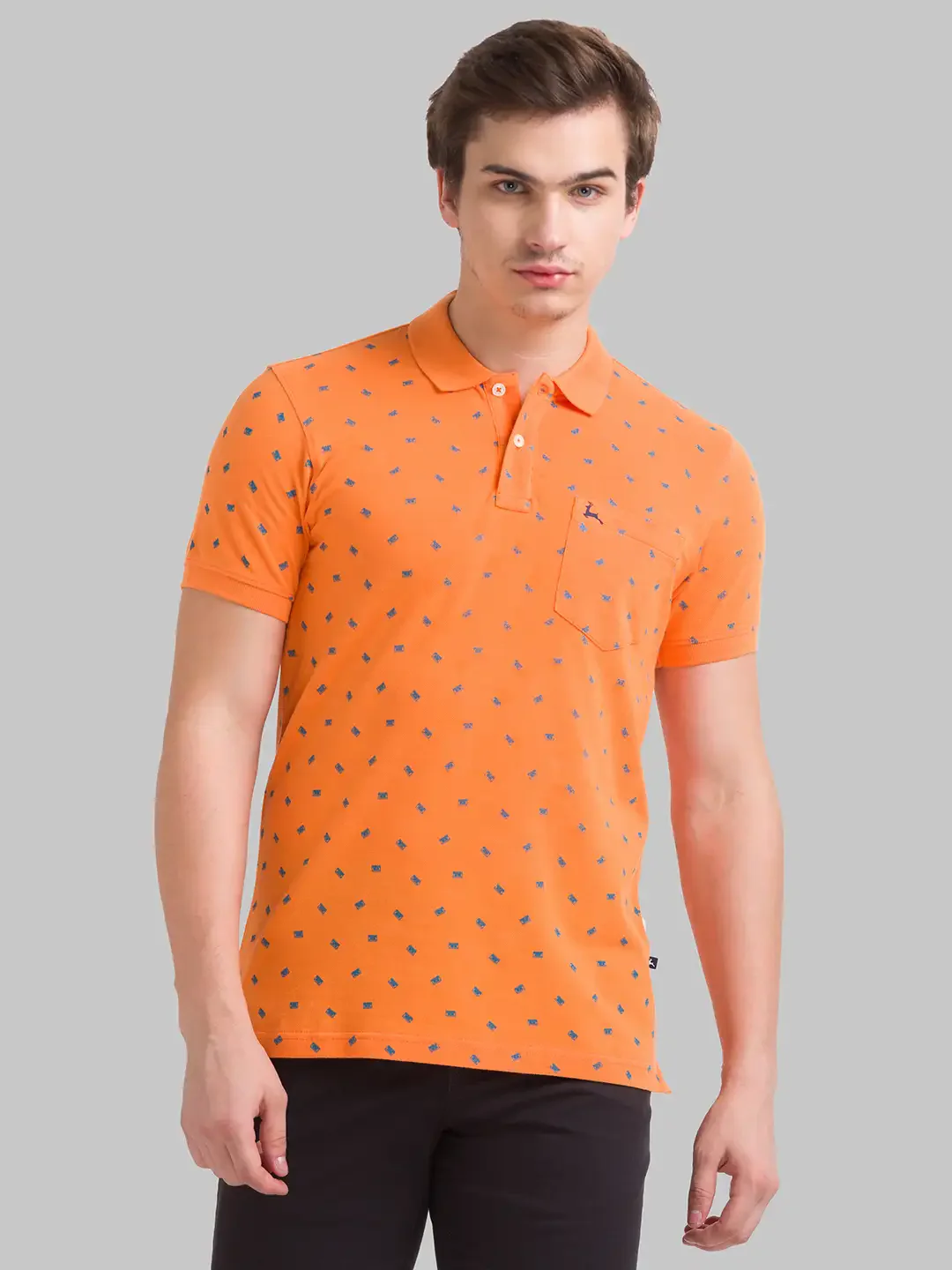 Men Orange Regular Fit Print Cotton Round Neck Collar Polo T-Shirt