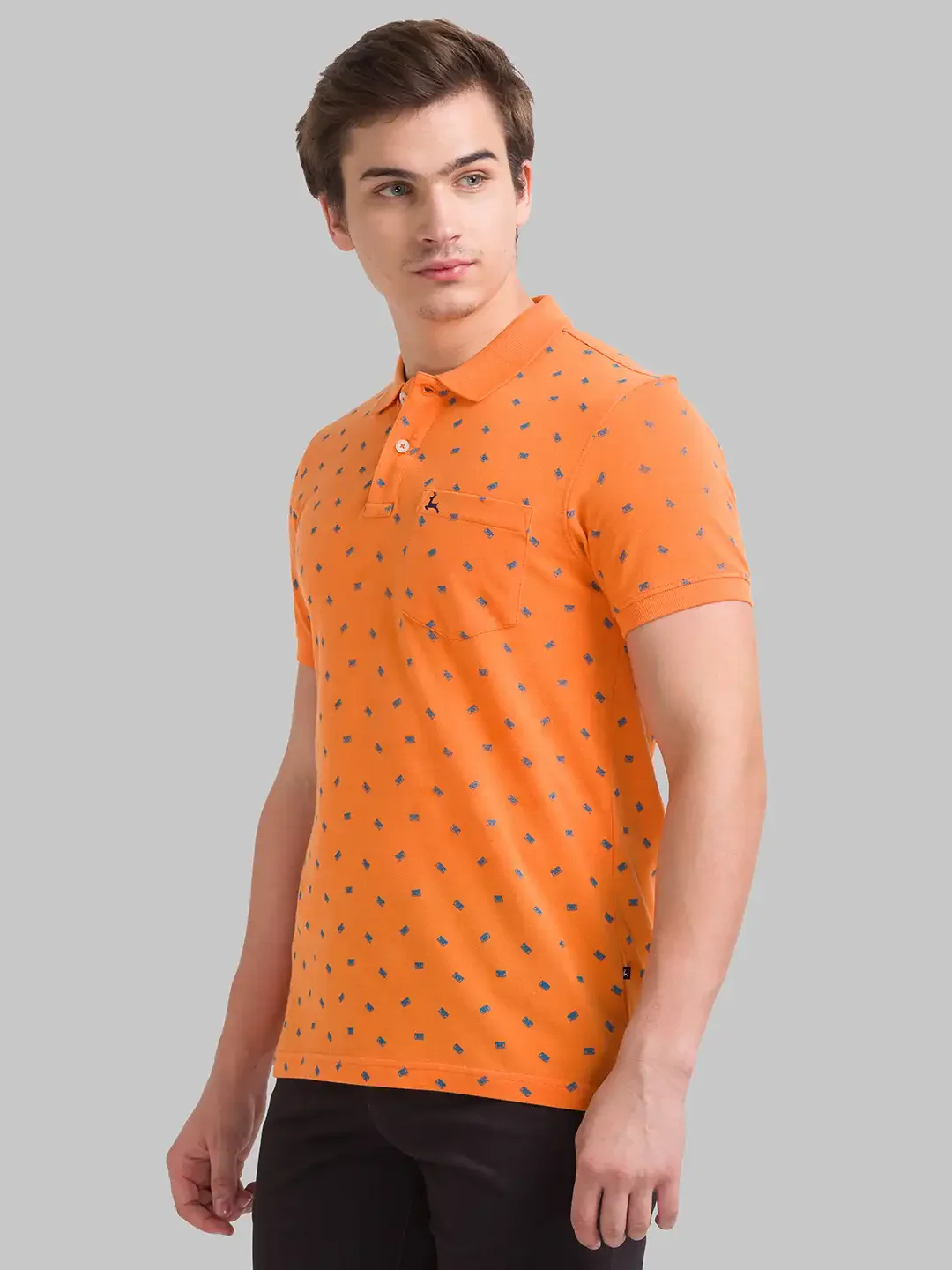 Men Orange Regular Fit Print Cotton Round Neck Collar Polo T-Shirt - Image 3