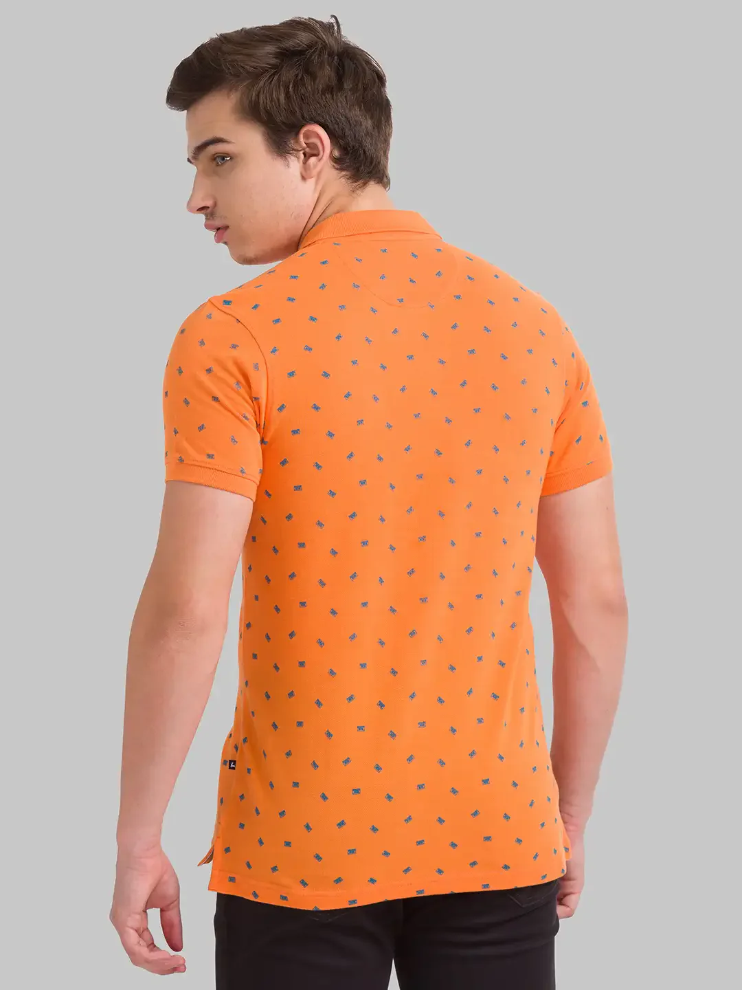 Men Orange Regular Fit Print Cotton Round Neck Collar Polo T-Shirt - Image 4
