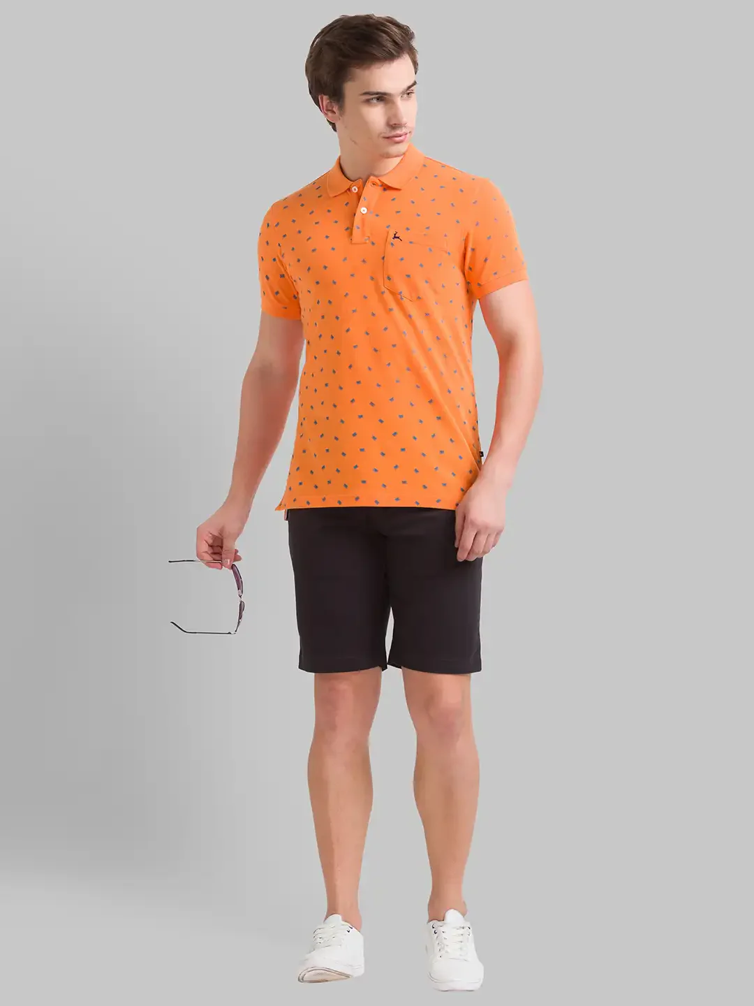 Men Orange Regular Fit Print Cotton Round Neck Collar Polo T-Shirt - Image 5