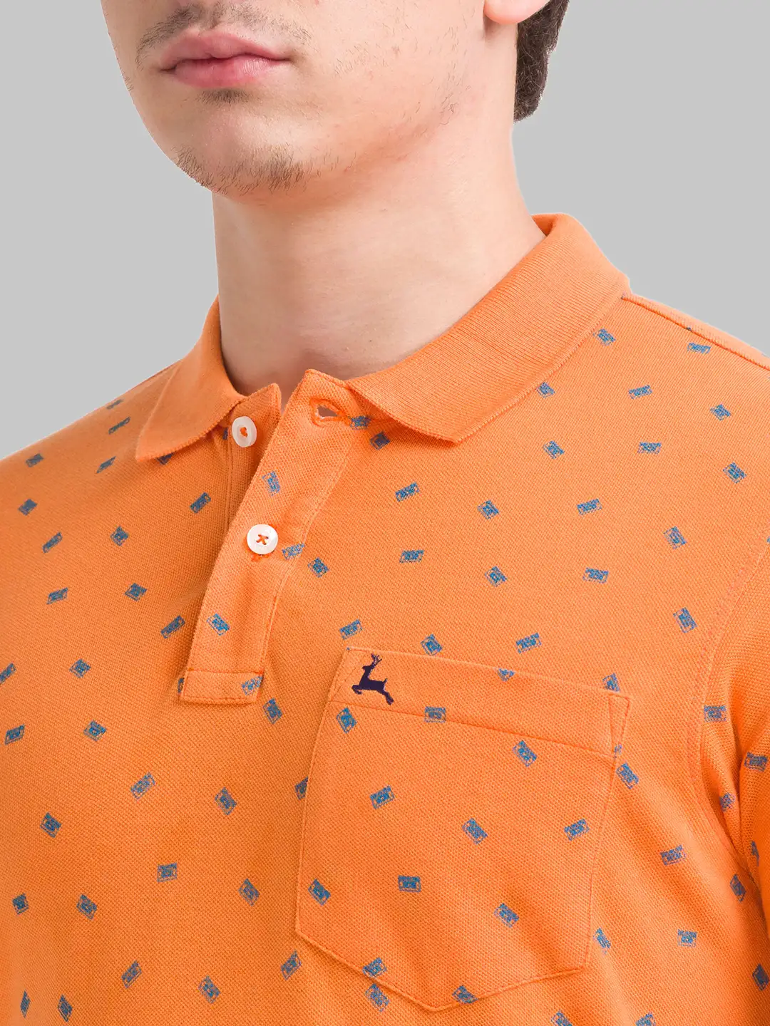 Men Orange Regular Fit Print Cotton Round Neck Collar Polo T-Shirt - Image 6