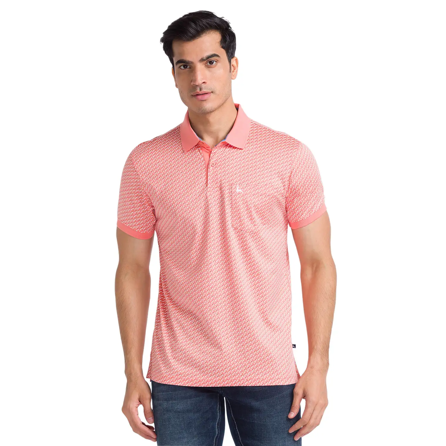 Men Orange Regular Fit Print Cotton Round Neck Collar Polo T-Shirt