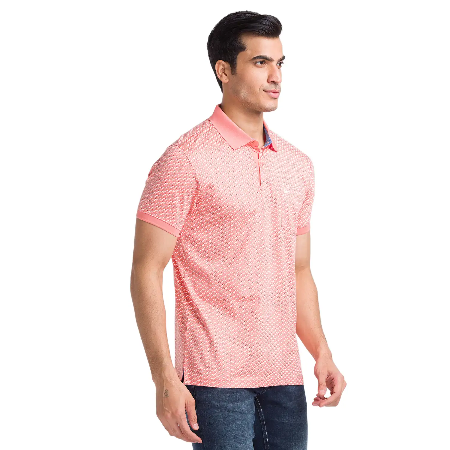 Men Orange Regular Fit Print Cotton Round Neck Collar Polo T-Shirt - Image 2