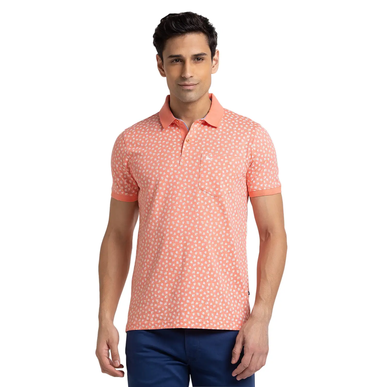 Men Orange Regular Fit Print Cotton Round Neck Collar Polo T-Shirt