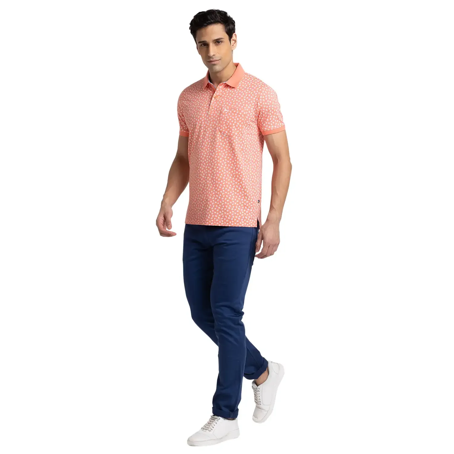 Men Orange Regular Fit Print Cotton Round Neck Collar Polo T-Shirt - Image 5