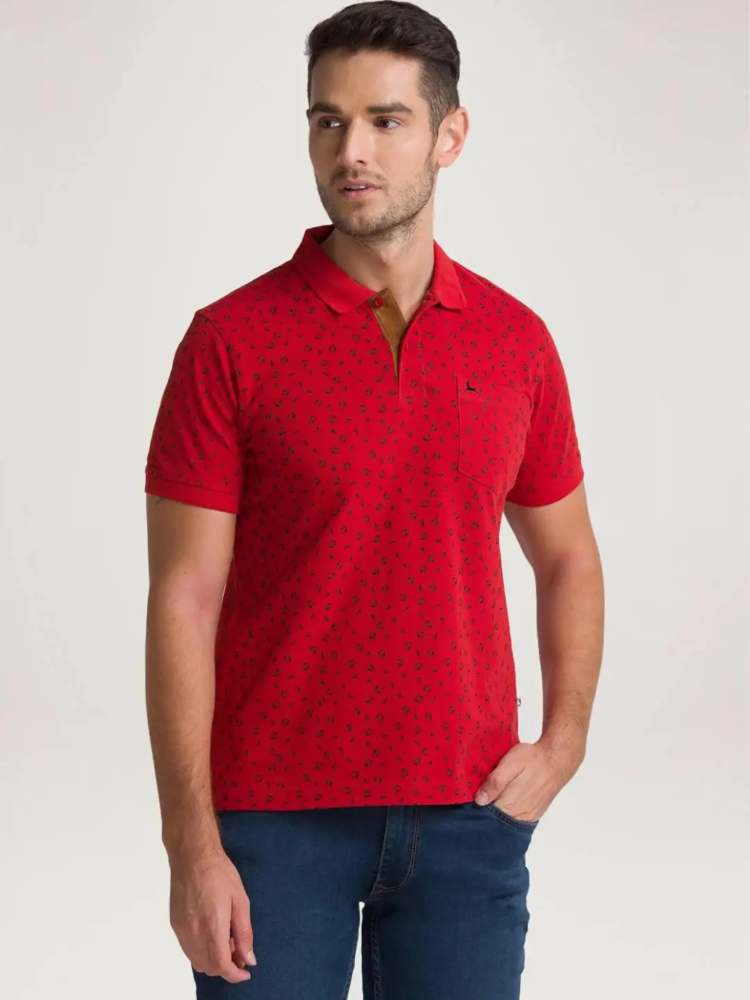 Men Orange Regular Fit Print Cotton Round Neck Collar Polo T-Shirt