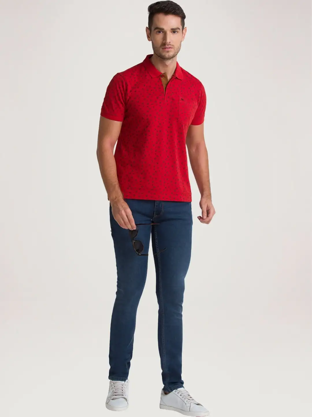 Men Orange Regular Fit Print Cotton Round Neck Collar Polo T-Shirt - Image 3