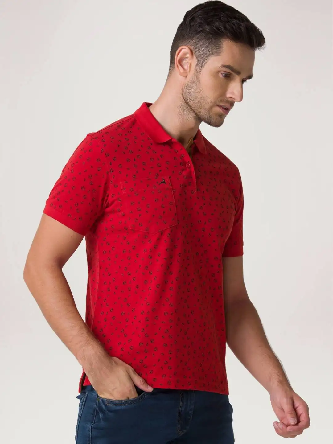 Men Orange Regular Fit Print Cotton Round Neck Collar Polo T-Shirt - Image 5