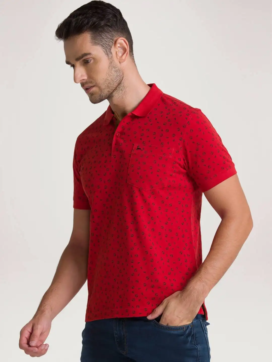 Men Orange Regular Fit Print Cotton Round Neck Collar Polo T-Shirt - Image 6