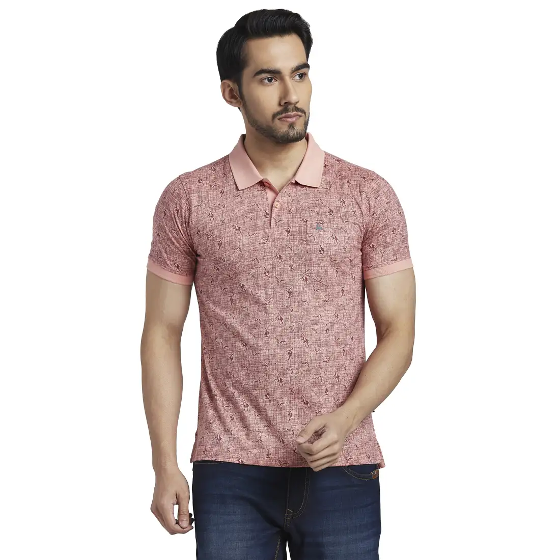 Men Orange Regular Fit Print Cotton Round Neck Collar Polo T-Shirt