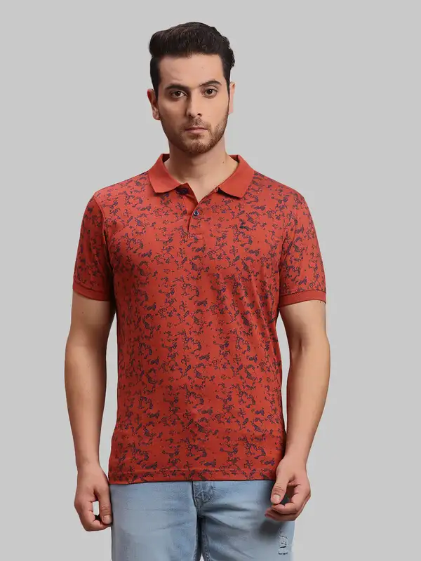 Men Orange Regular Fit Print Cotton Round Neck Collar Polo T-Shirt