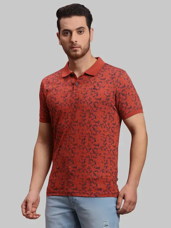 Men Orange Regular Fit Print Cotton Round Neck Collar Polo T-Shirt - Image 3