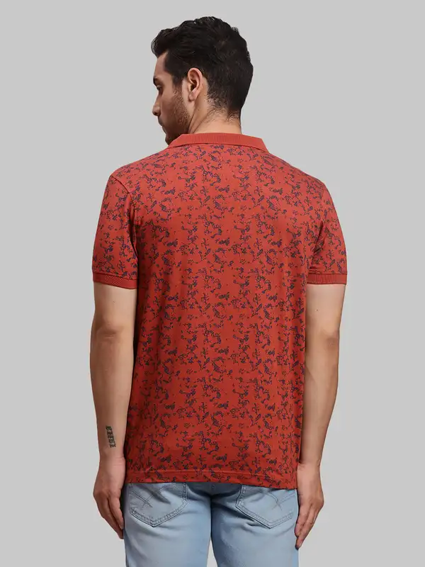 Men Orange Regular Fit Print Cotton Round Neck Collar Polo T-Shirt - Image 4