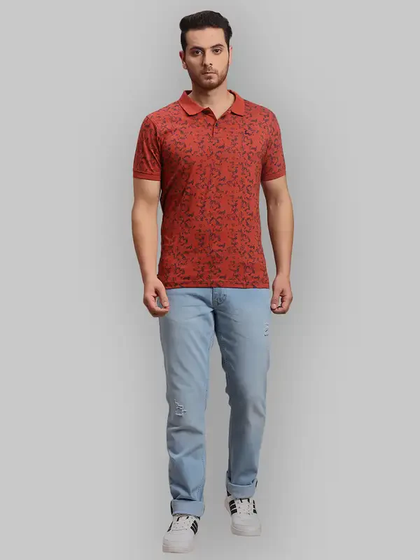 Men Orange Regular Fit Print Cotton Round Neck Collar Polo T-Shirt - Image 5