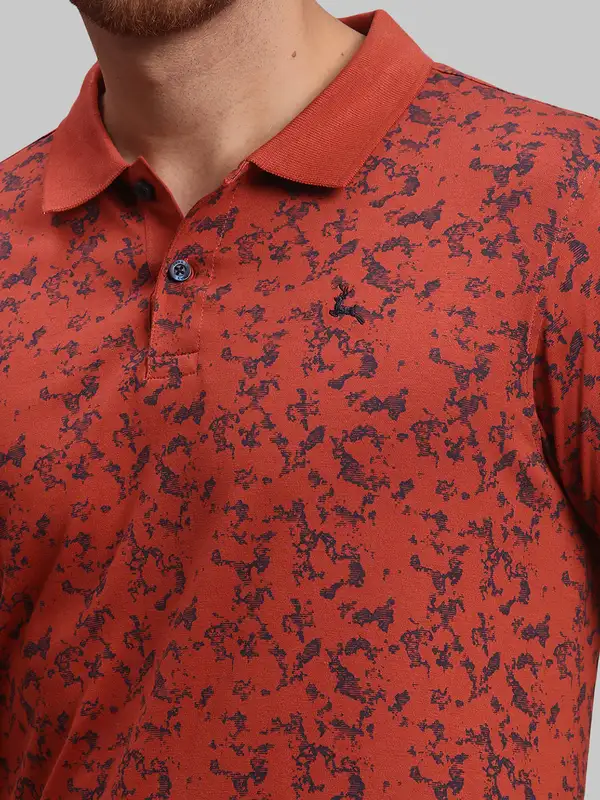 Men Orange Regular Fit Print Cotton Round Neck Collar Polo T-Shirt - Image 6