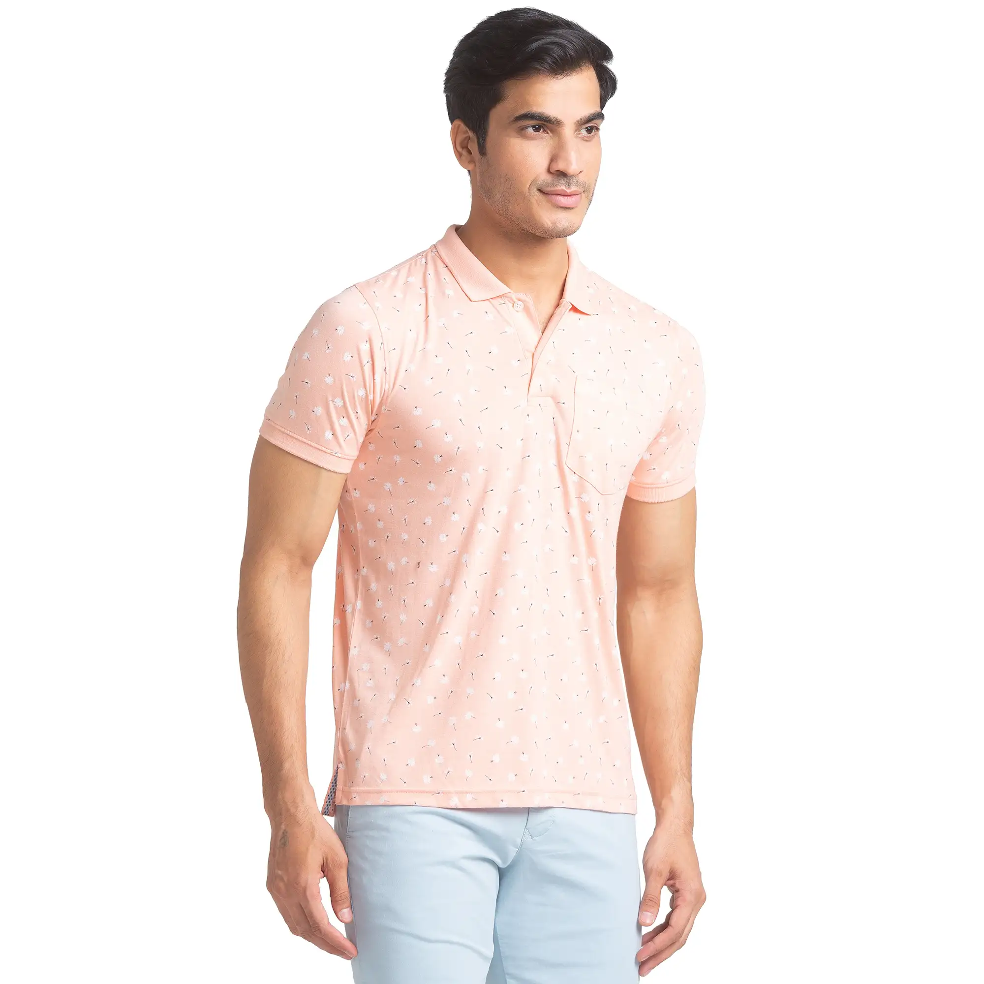 Men Orange Regular Fit Print Polyester Blend Round Neck Collar Polo T-Shirt - Image 2