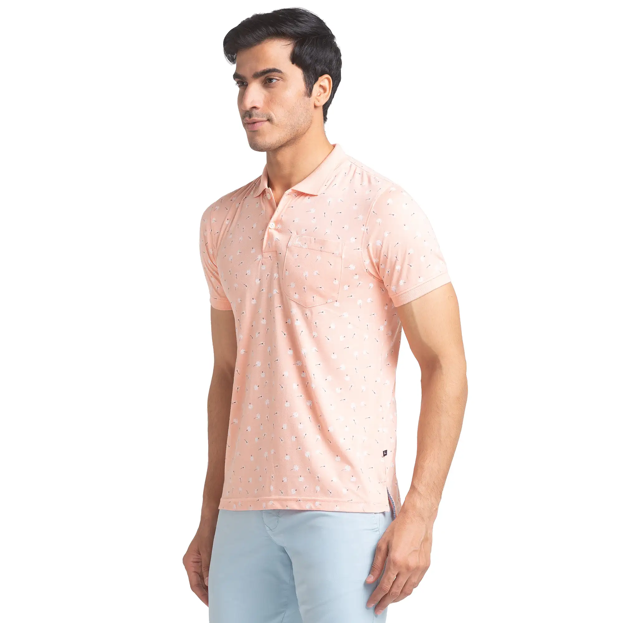 Men Orange Regular Fit Print Polyester Blend Round Neck Collar Polo T-Shirt - Image 3