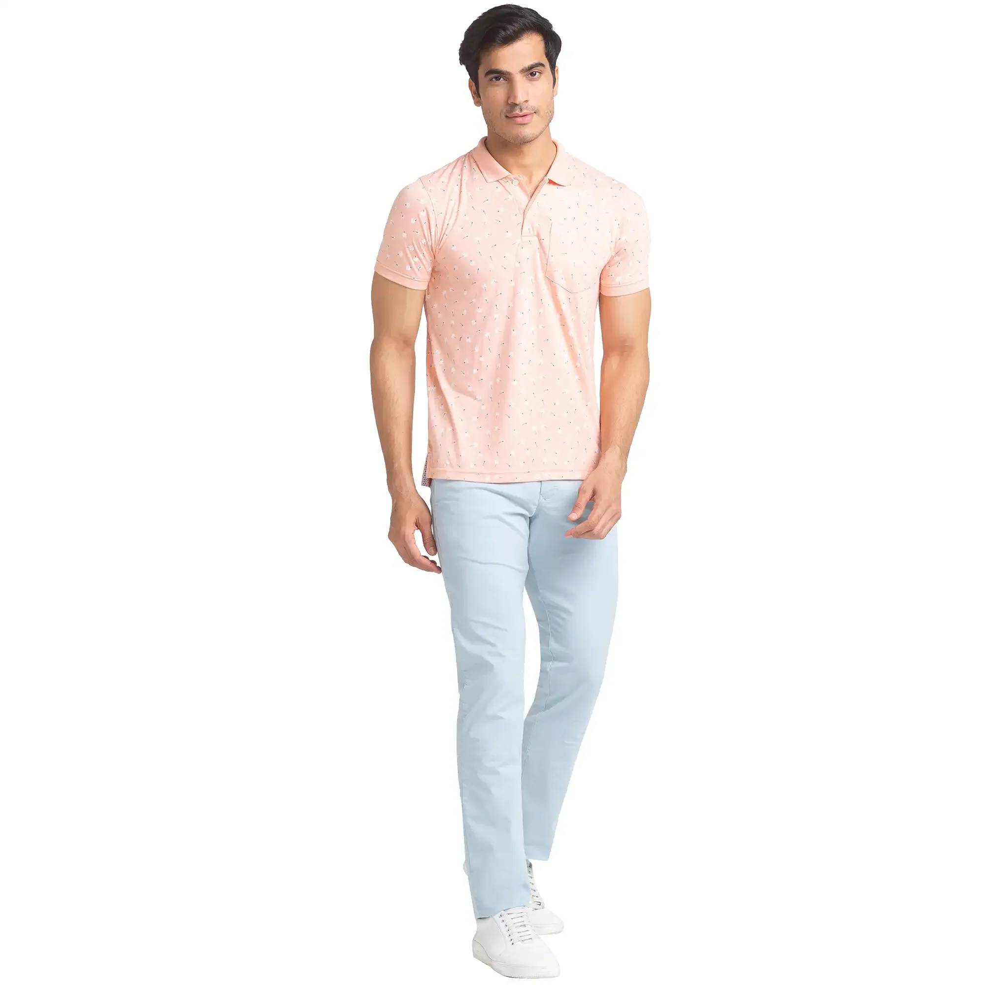 Men Orange Regular Fit Print Polyester Blend Round Neck Collar Polo T-Shirt - Image 5