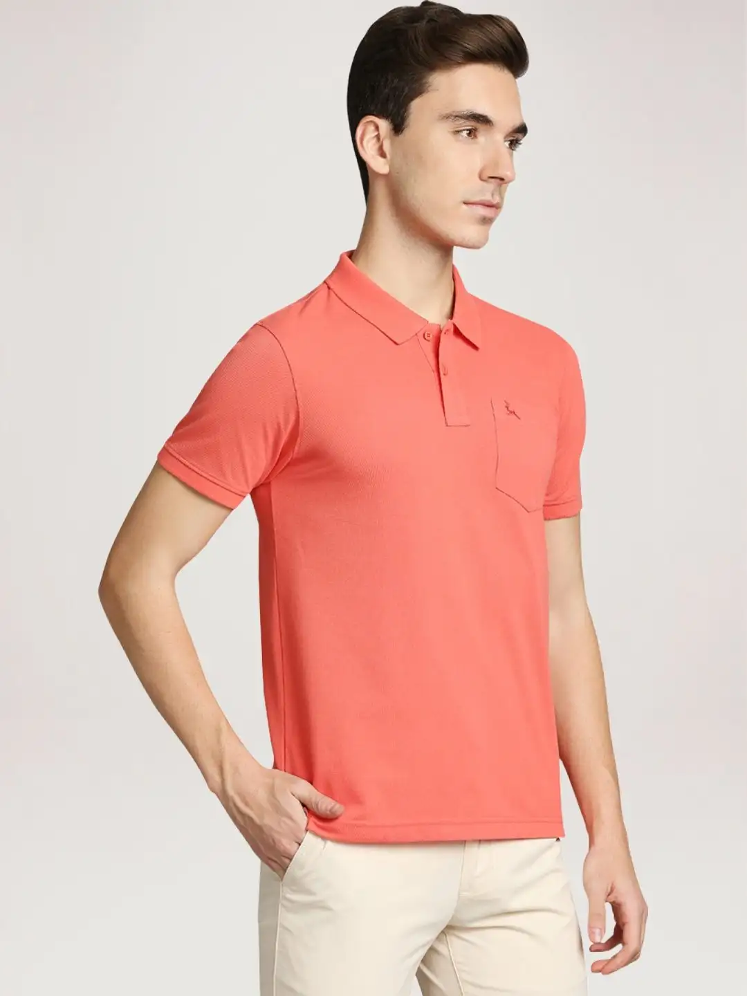 Men Orange Regular Fit Solid Cotton Polyester Blend Polo Neck T-Shirt - Image 2
