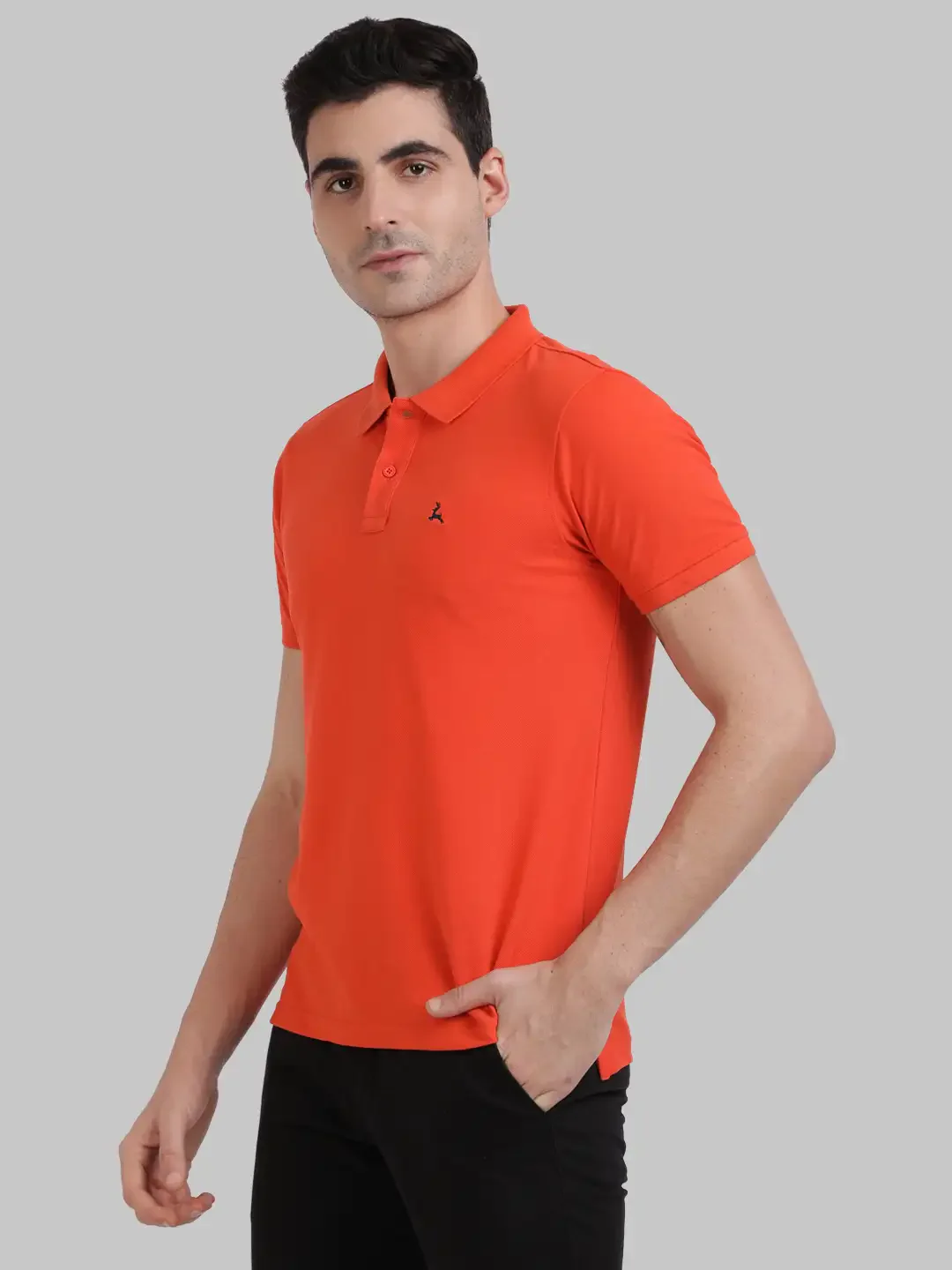Men Orange Regular Fit Solid Cotton Polyester Blend Round Neck Collar Polo T-Shirt - Image 3