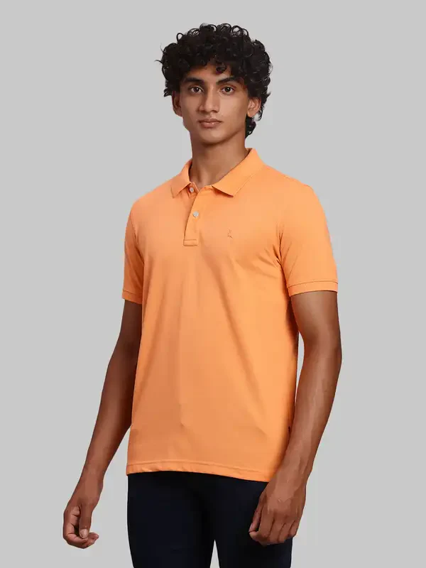 Men Orange Regular Fit Solid Cotton Polyester Blend Round Neck Collar Polo T-Shirt - Image 3