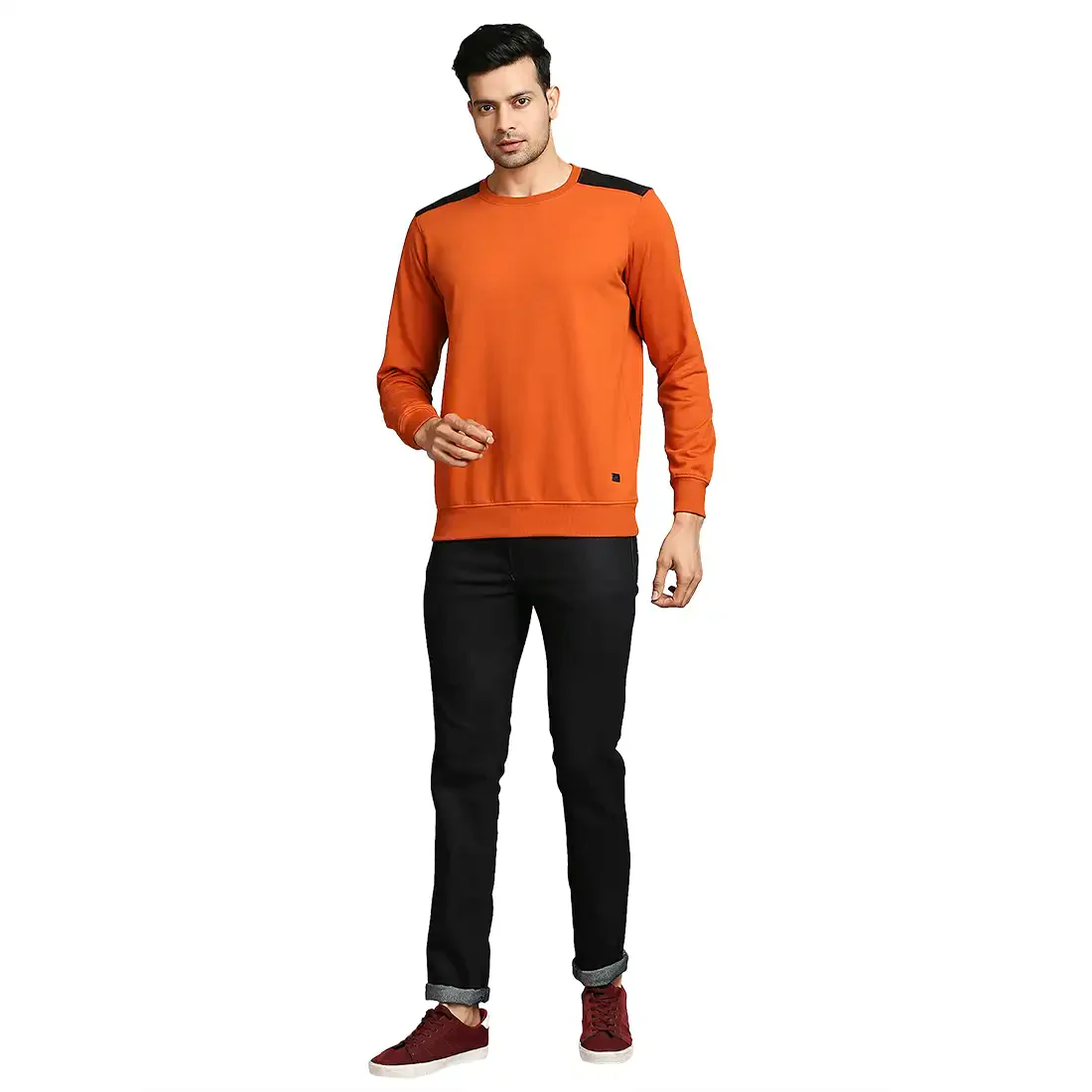 Men Orange Regular Fit Solid Cotton Polyester Blend Sweatshirts - Image 5