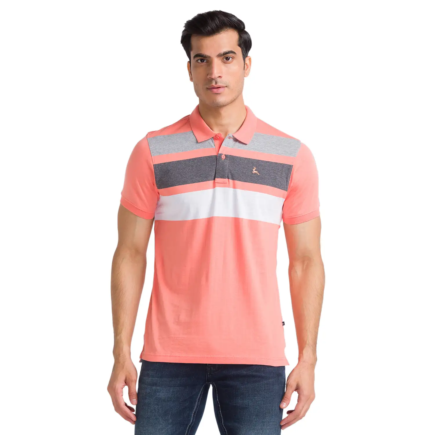 Men Orange Regular Fit Stripe Cotton Round Neck Collar Polo T-Shirt