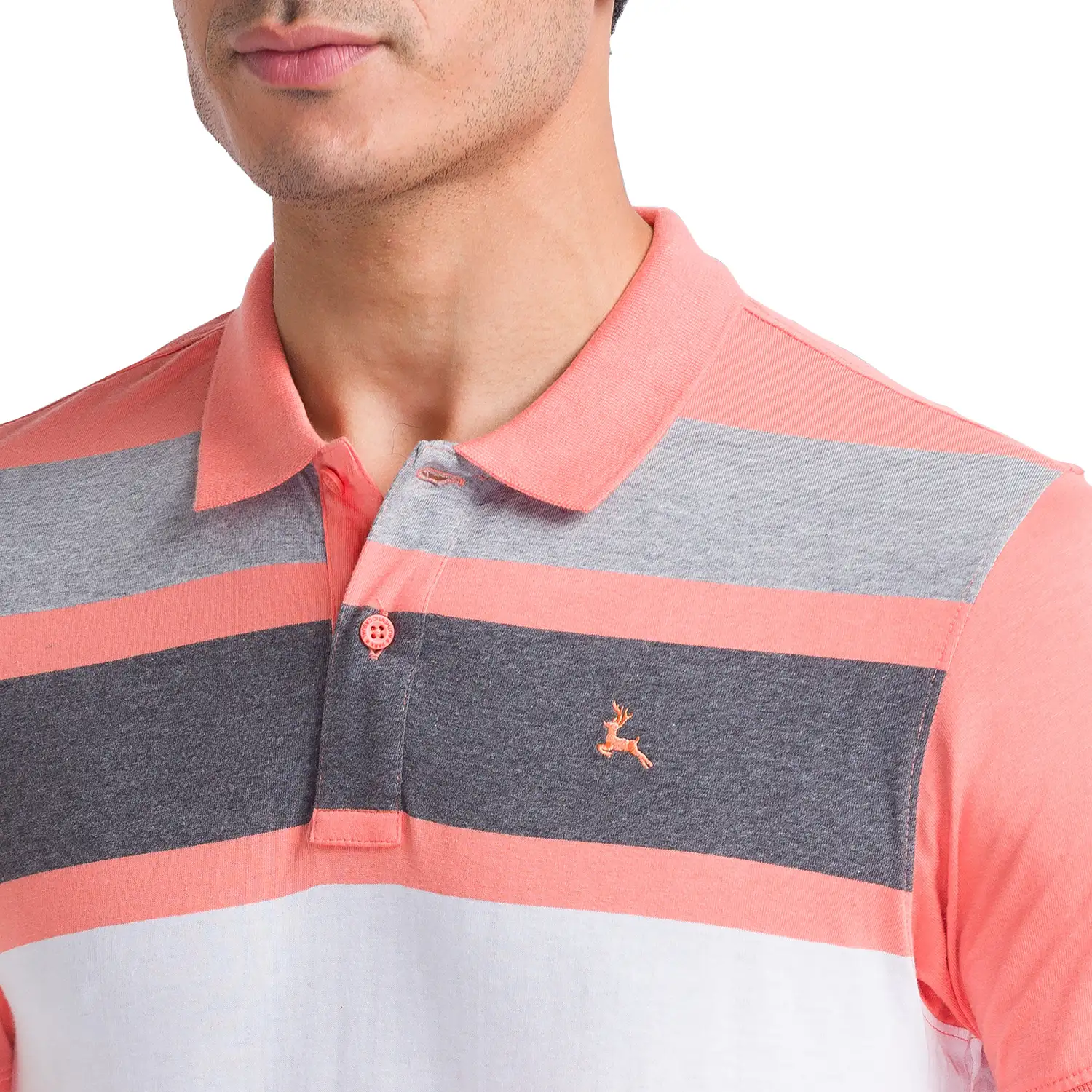Men Orange Regular Fit Stripe Cotton Round Neck Collar Polo T-Shirt - Image 6