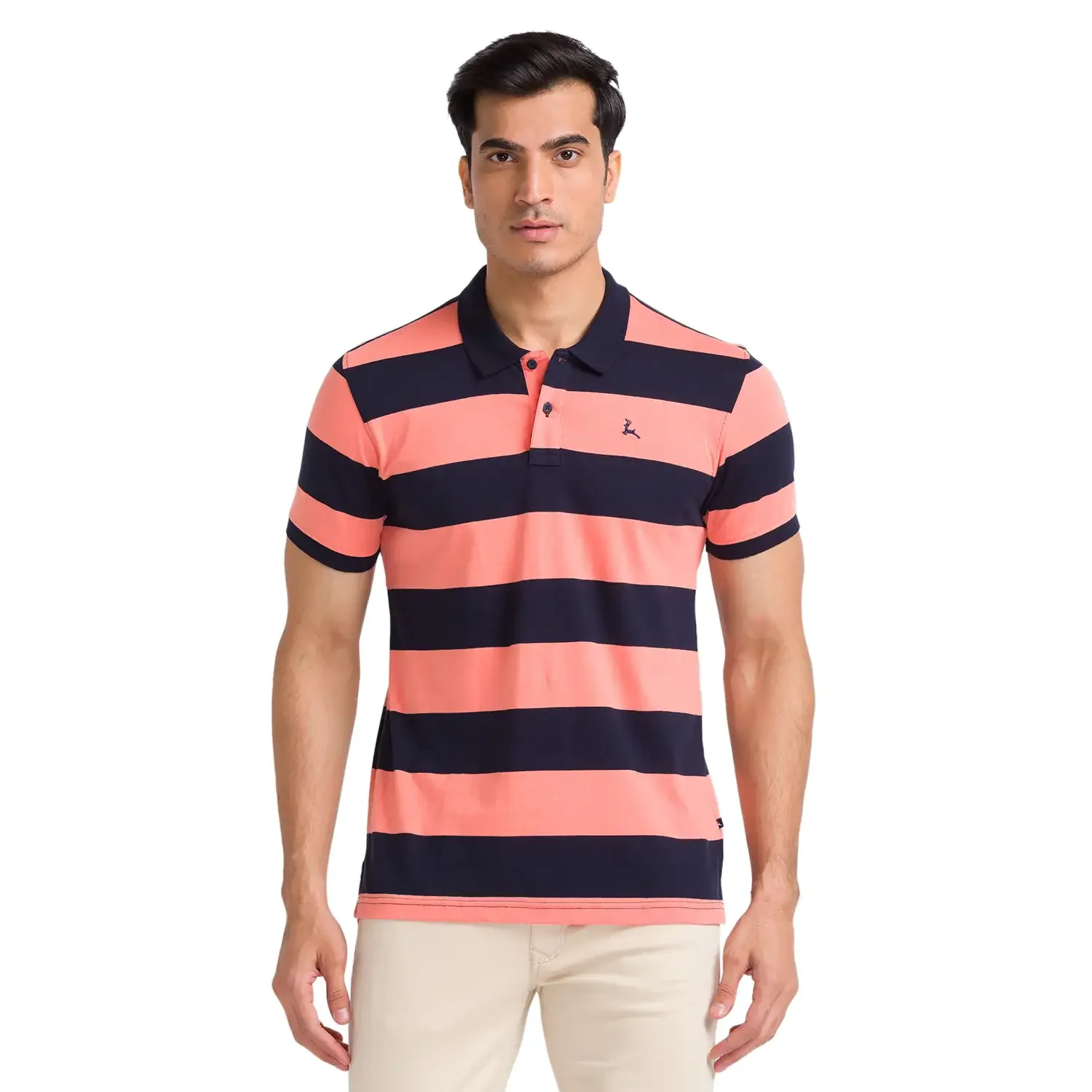 Men Orange Regular Fit Stripe Cotton Round Neck Collar Polo T-Shirt