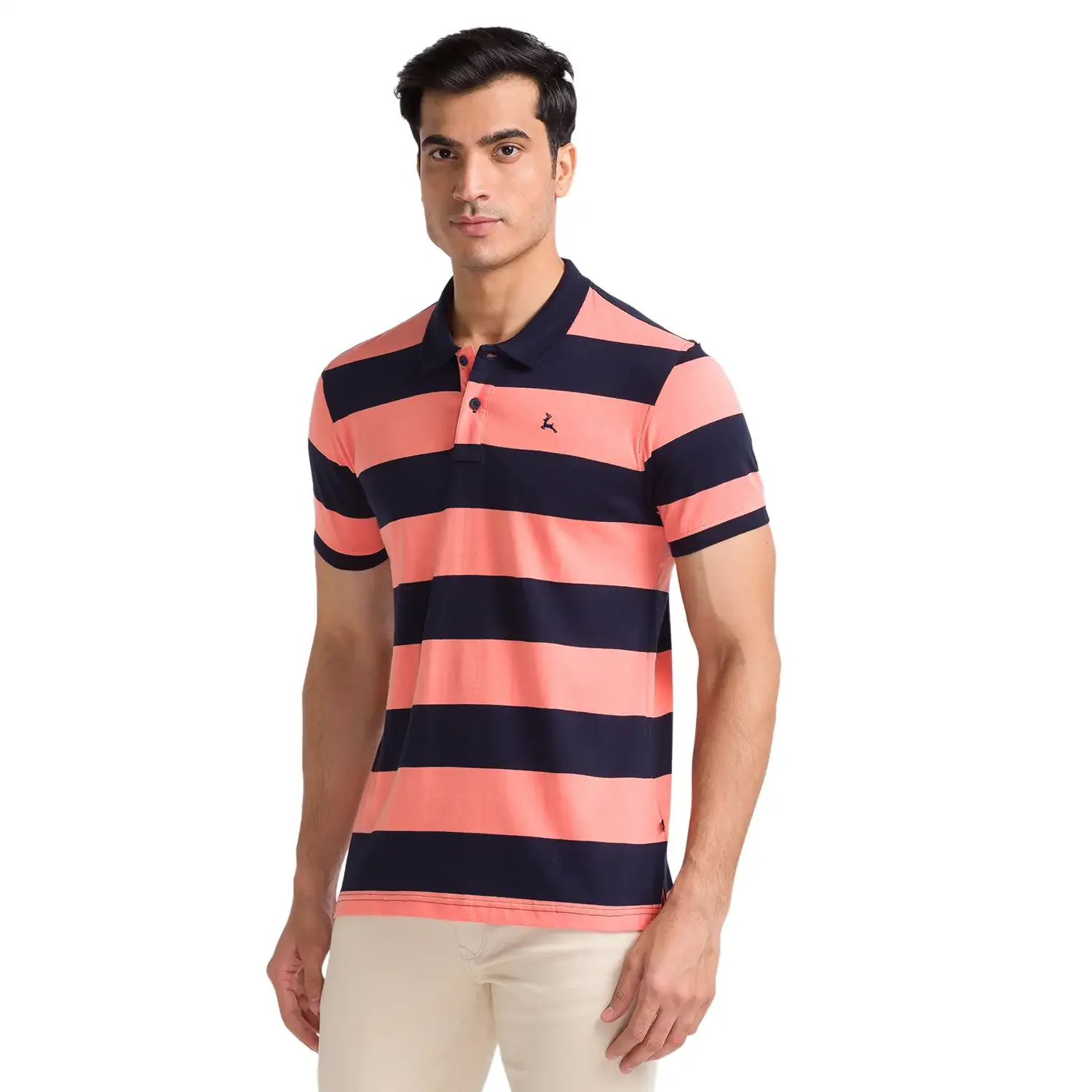Men Orange Regular Fit Stripe Cotton Round Neck Collar Polo T-Shirt - Image 3
