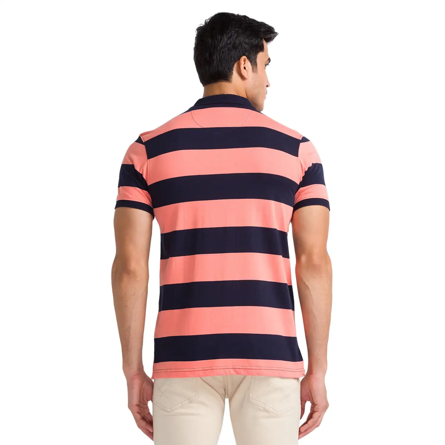 Men Orange Regular Fit Stripe Cotton Round Neck Collar Polo T-Shirt - Image 4