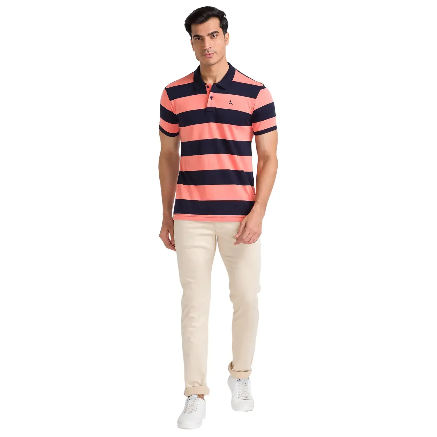 Men Orange Regular Fit Stripe Cotton Round Neck Collar Polo T-Shirt - Image 5