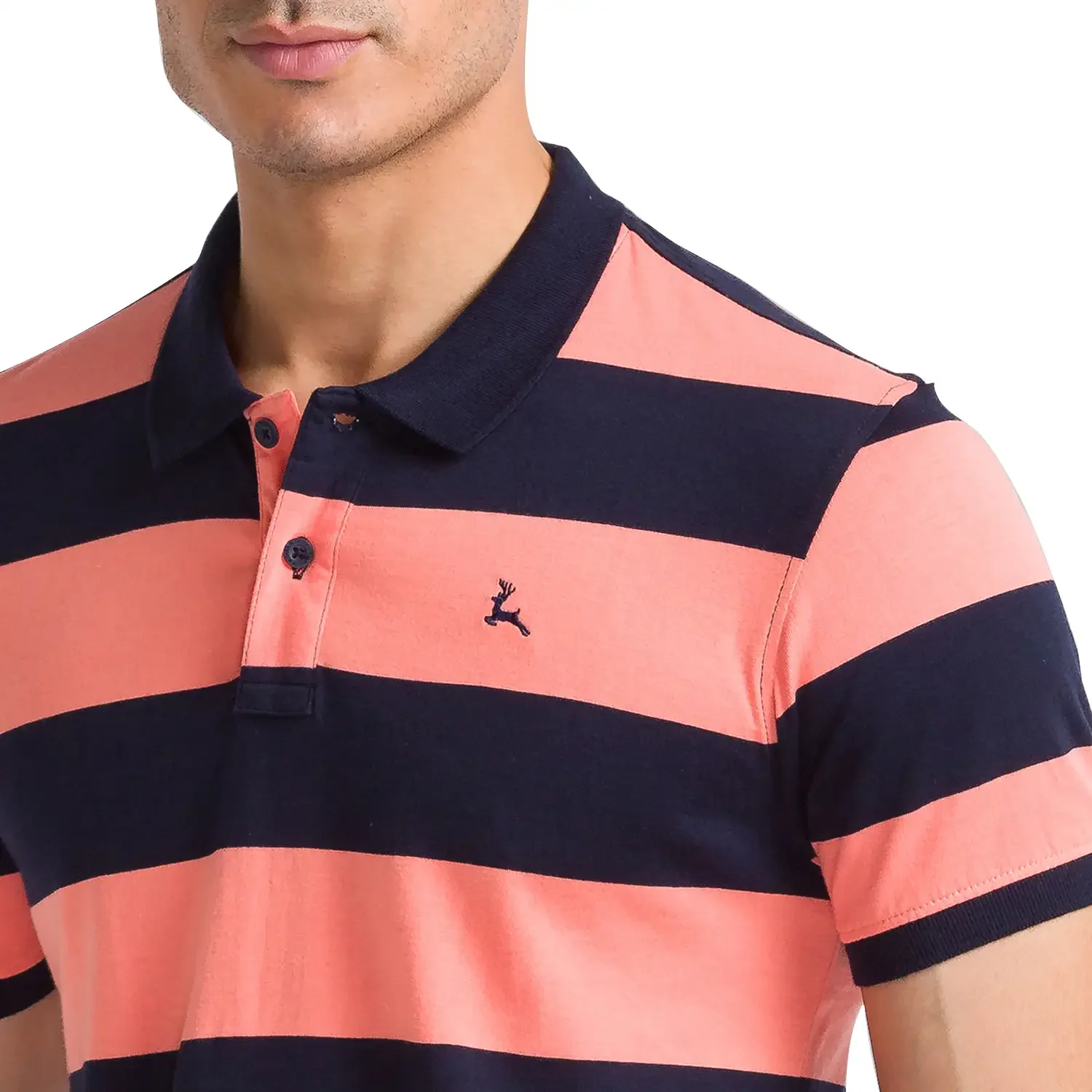 Men Orange Regular Fit Stripe Cotton Round Neck Collar Polo T-Shirt - Image 6