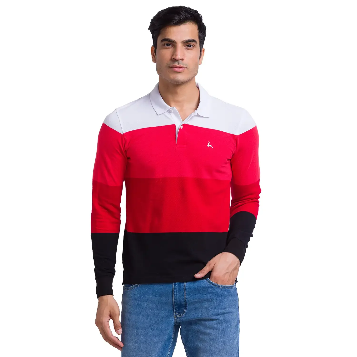 Men Orange Regular Fit Yarn Dyed Cotton Full Sleeve Round Neck Collar Polo T-Shirt