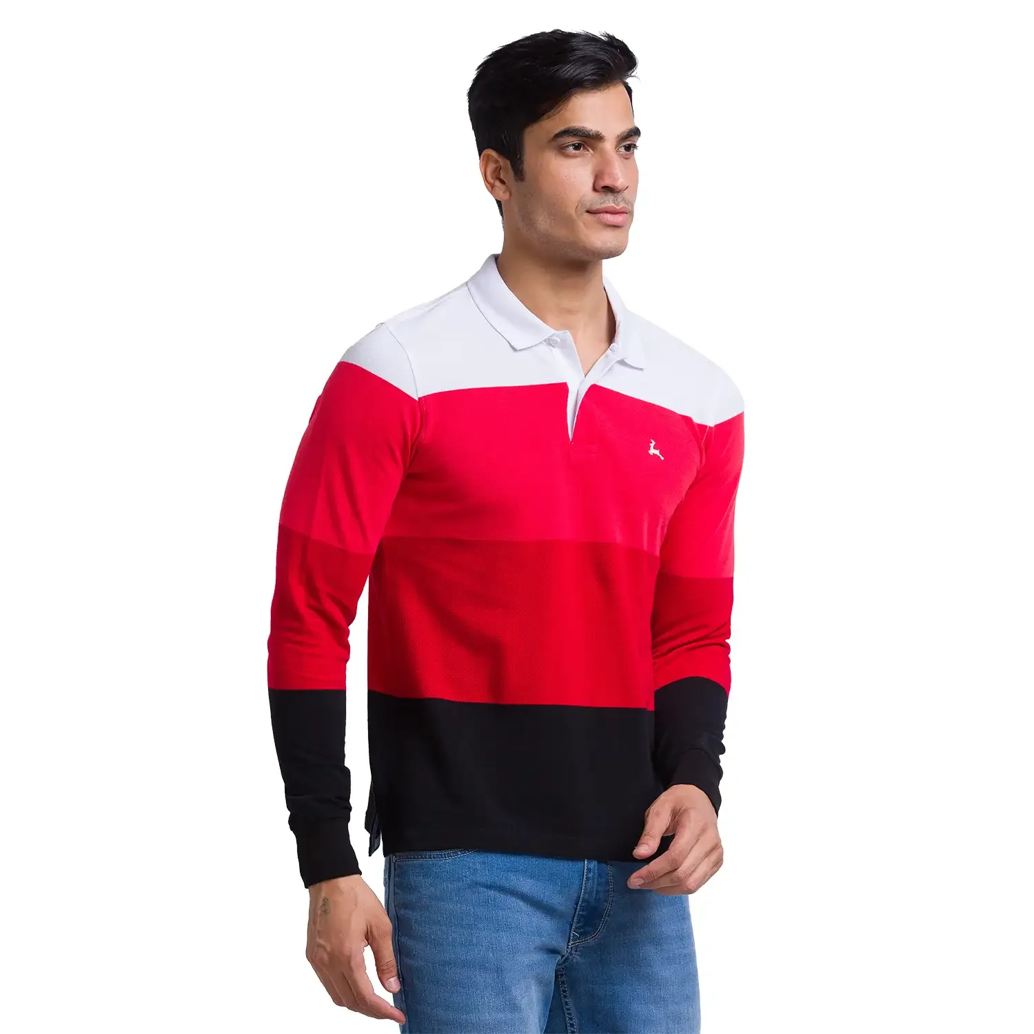 Men Orange Regular Fit Yarn Dyed Cotton Full Sleeve Round Neck Collar Polo T-Shirt - Image 2