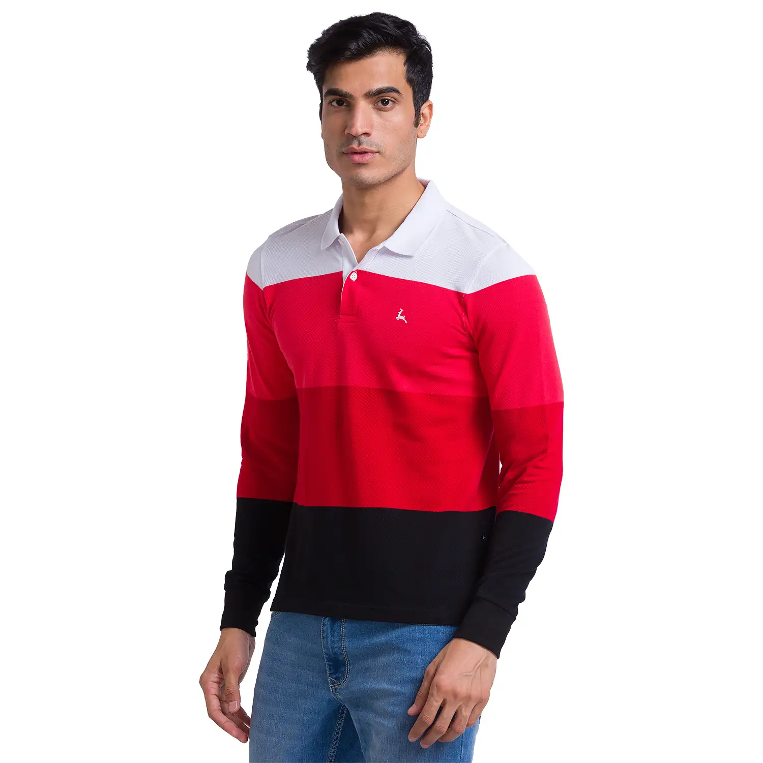 Men Orange Regular Fit Yarn Dyed Cotton Full Sleeve Round Neck Collar Polo T-Shirt - Image 3