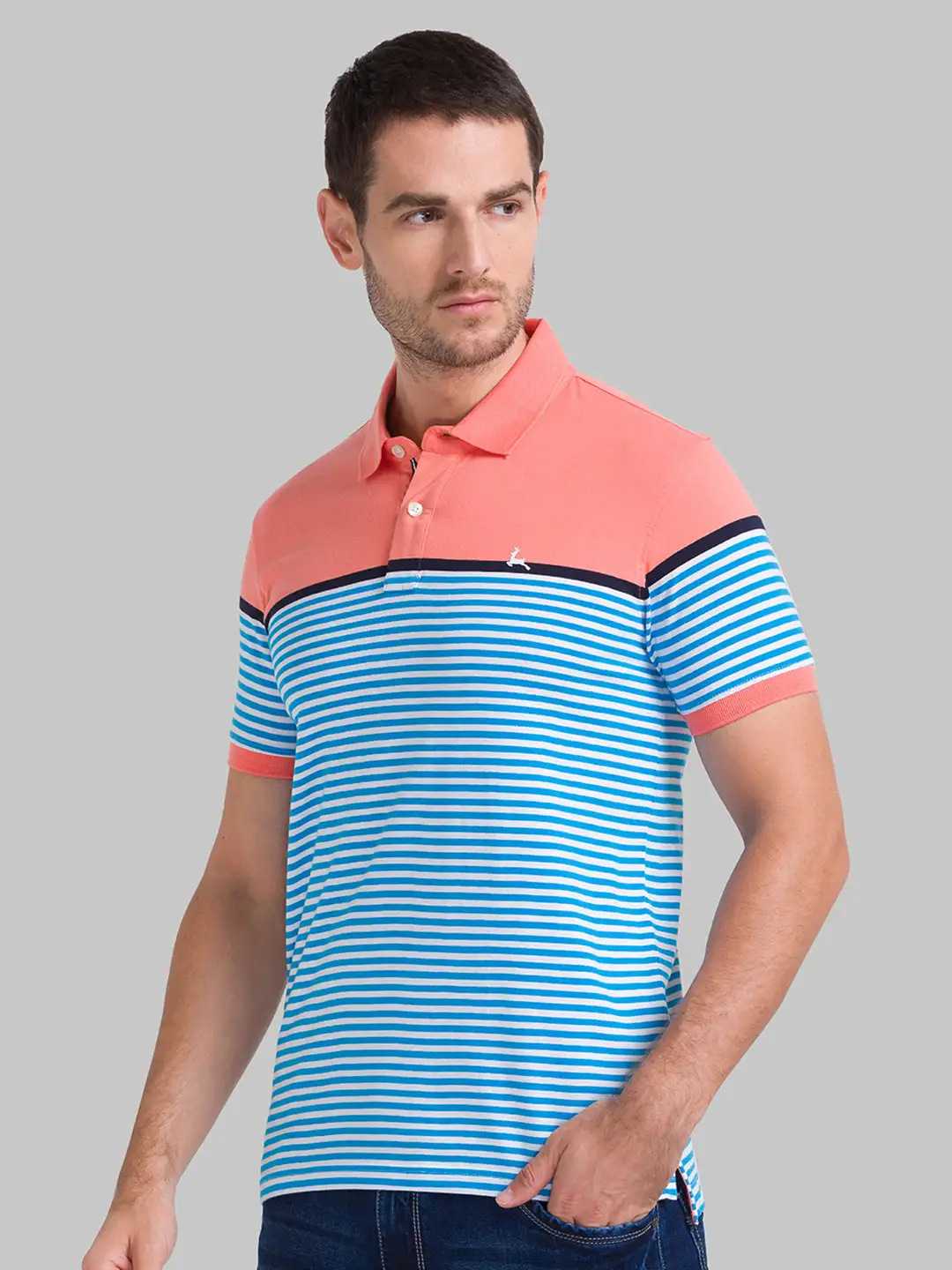 Men Orange Regular Fit Yarn Dyed Cotton Round Neck Collar Polo T-Shirt - Image 3