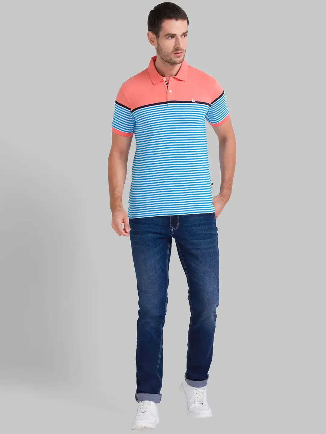 Men Orange Regular Fit Yarn Dyed Cotton Round Neck Collar Polo T-Shirt - Image 5