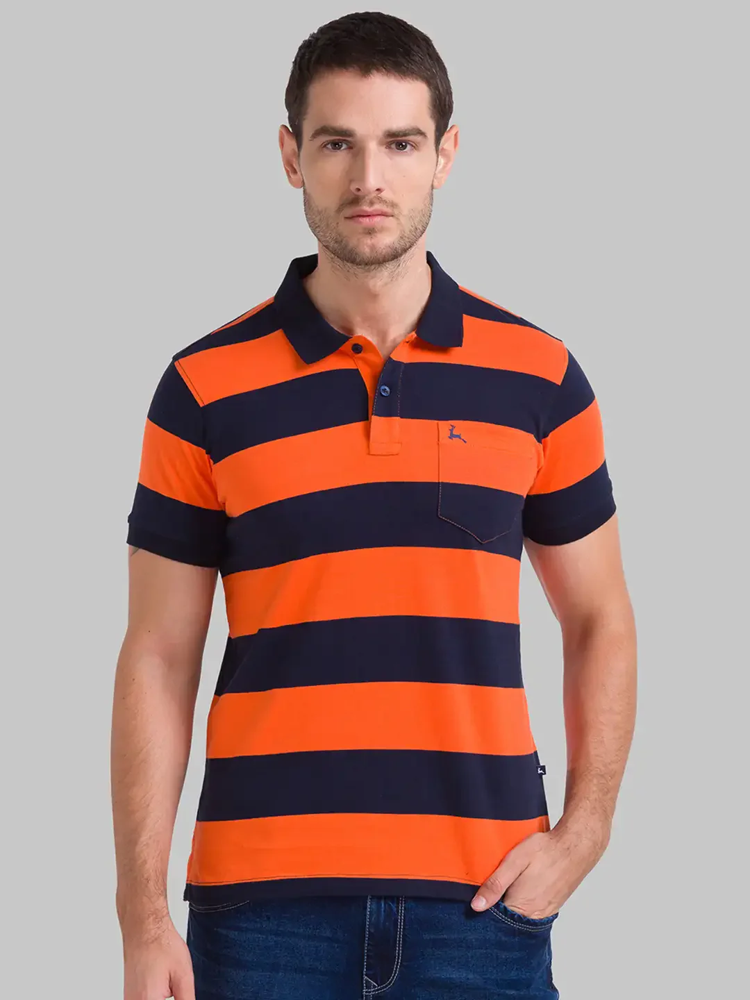 Men Orange Regular Fit Yarn Dyed Cotton Round Neck Collar Polo T-Shirt