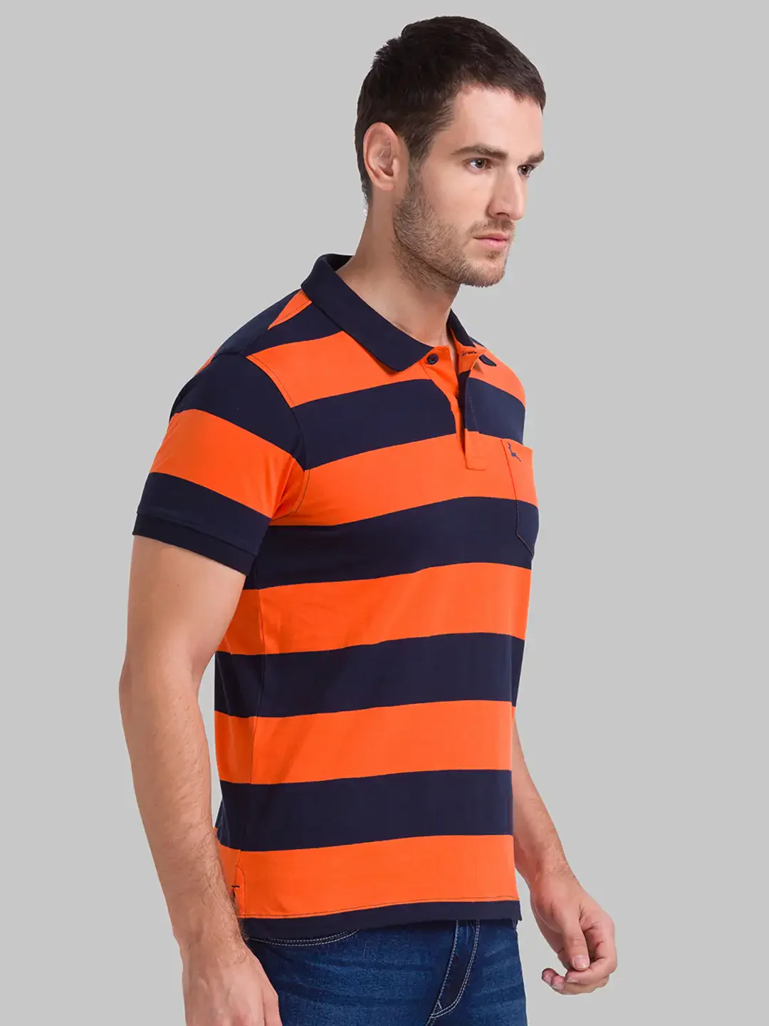 Men Orange Regular Fit Yarn Dyed Cotton Round Neck Collar Polo T-Shirt - Image 2