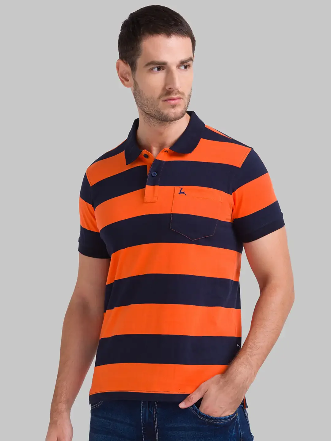 Men Orange Regular Fit Yarn Dyed Cotton Round Neck Collar Polo T-Shirt - Image 3