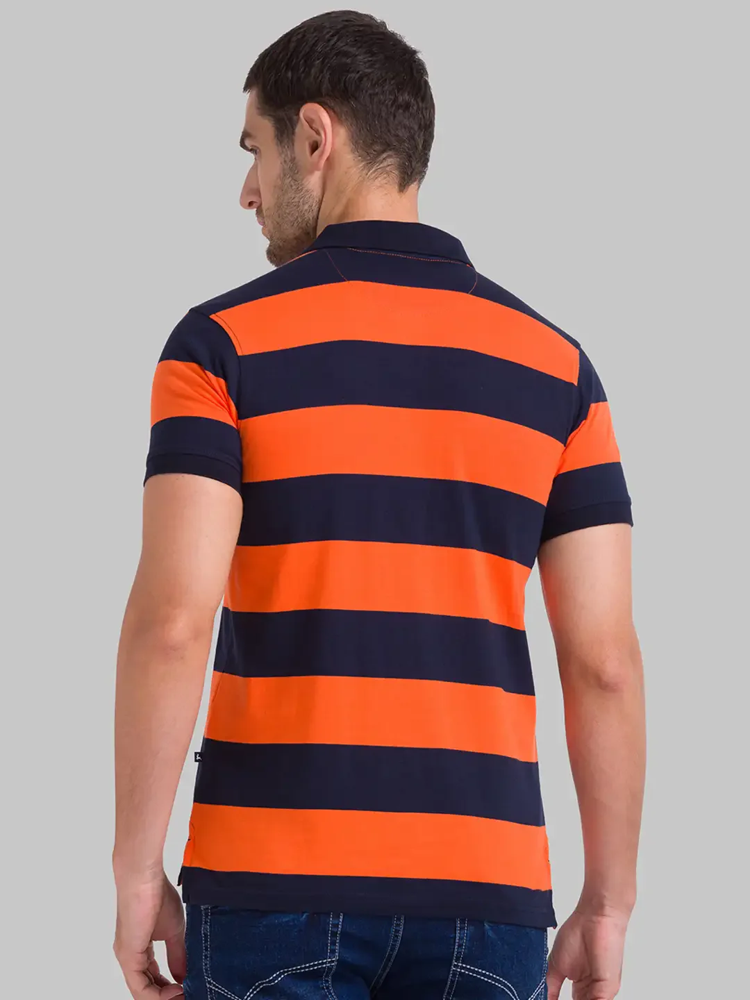 Men Orange Regular Fit Yarn Dyed Cotton Round Neck Collar Polo T-Shirt - Image 4